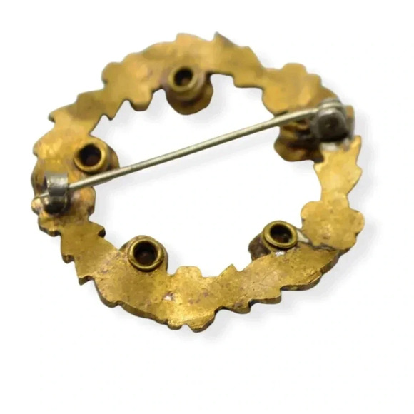 Art Nouveau Red Glass Rhinestone Wreath Gold Tone Vintage Pin C Clasp - Picture 4 of 4